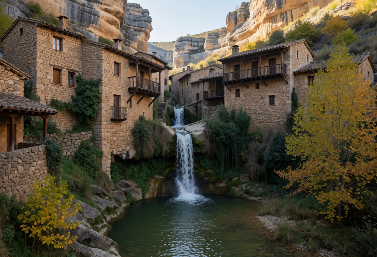 Cascada de Orbaneja del Castillo cayendo entre las casas hasta el Ebro